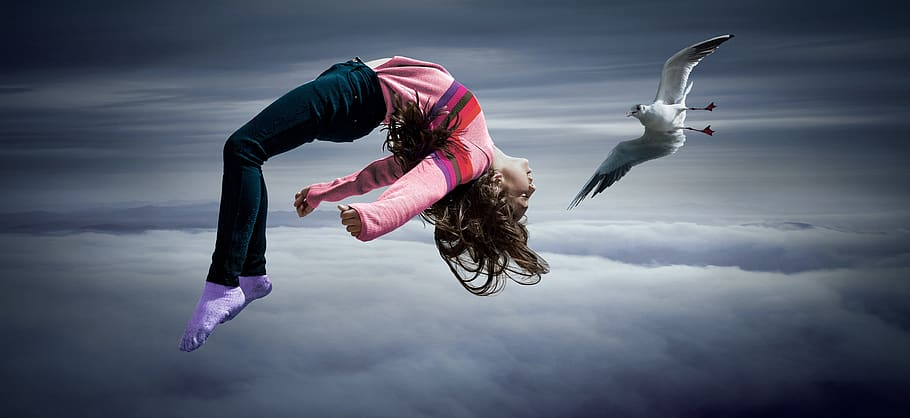 girl, sky, seagull, flying, float, air, clouds, fantasy, surreal, HD wallpaper