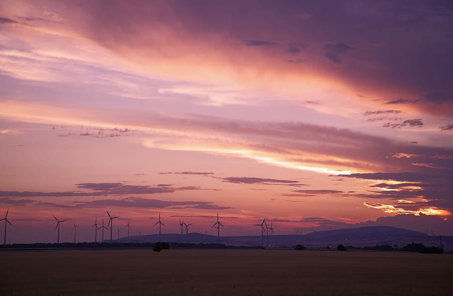 photography of wind will during sunset, scenery of sunset, wind farm HD wallpaper