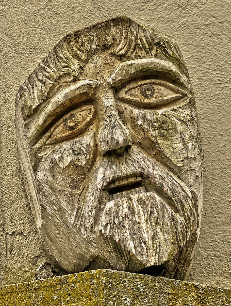 sculpture, face, holzfigur, man, male, wood carving, art, artistically HD wallpaper