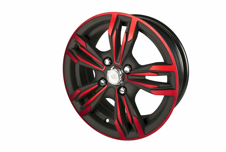 red and black 5-spoke car wheel, alloy, cut out, white background HD wallpaper