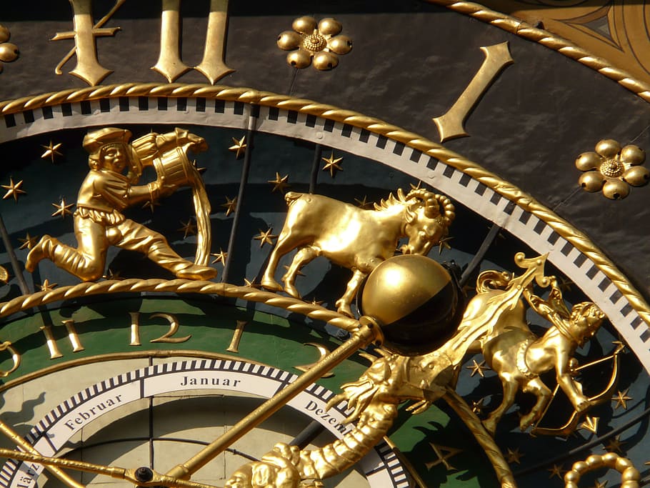 brass and black clock, astronomical clock, time, time of, date HD wallpaper