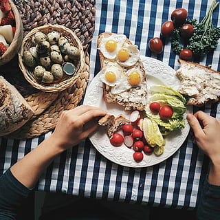 Proper Easter breakfast bread with quail eggs, brunch, eating HD wallpaper