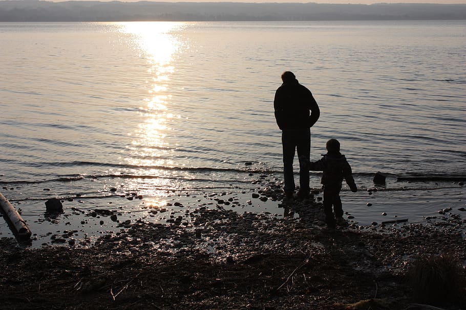 father, son, sunset, lake, water, beach, sea, silhouette, sky HD wallpaper