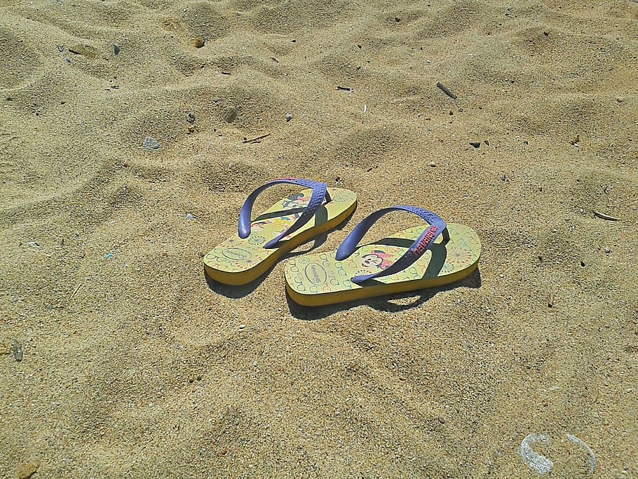pair of yellow-and-purple flip-flops, flip flops, shoes, summer HD wallpaper
