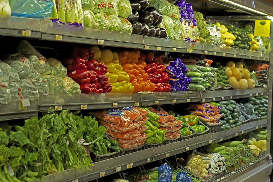 variety of vegetable on retail gondola, vegetables, supermarket, HD wallpaper