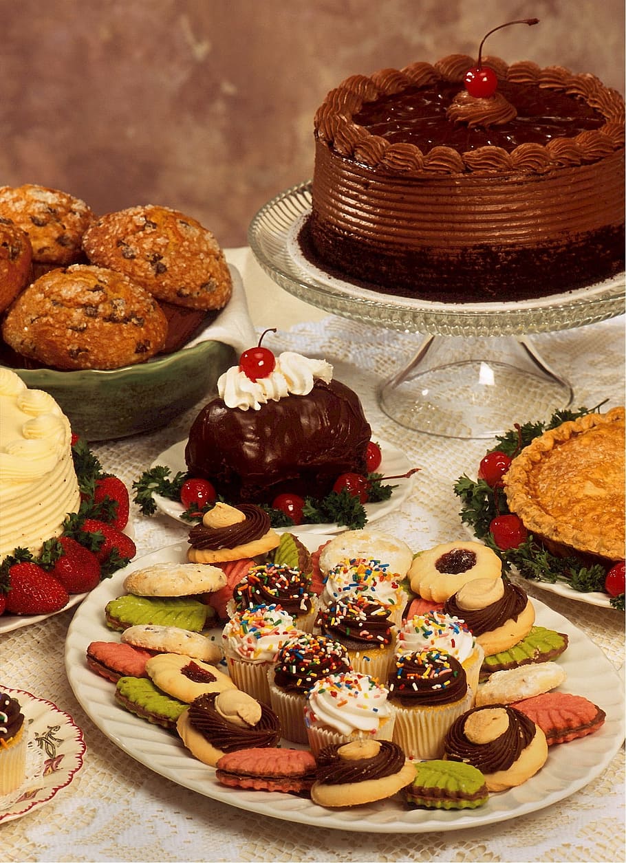 assorted pastry lot, dessert table, cake, pie, cookies, chocolate, HD wallpaper