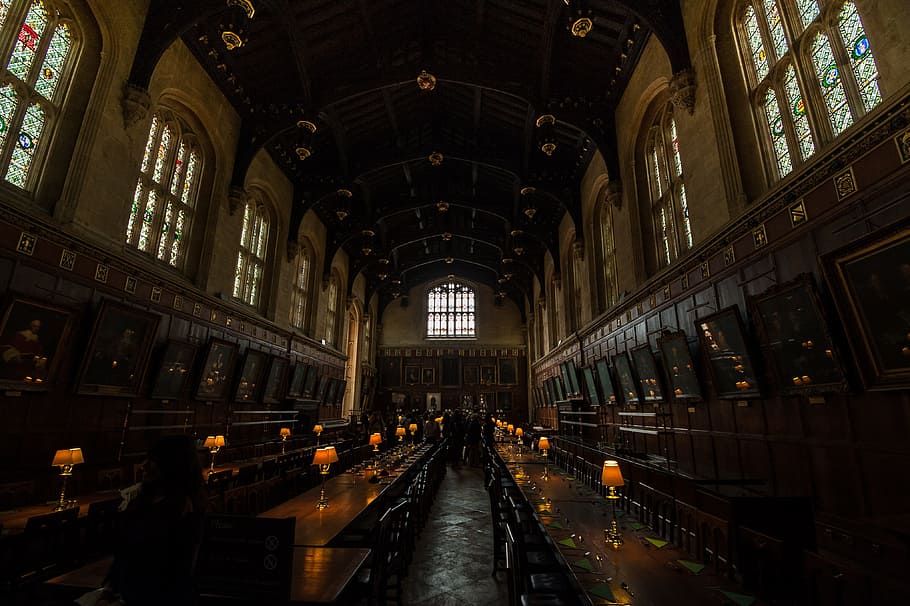 brown wooden tables, harry potter, oxford, england, architecture