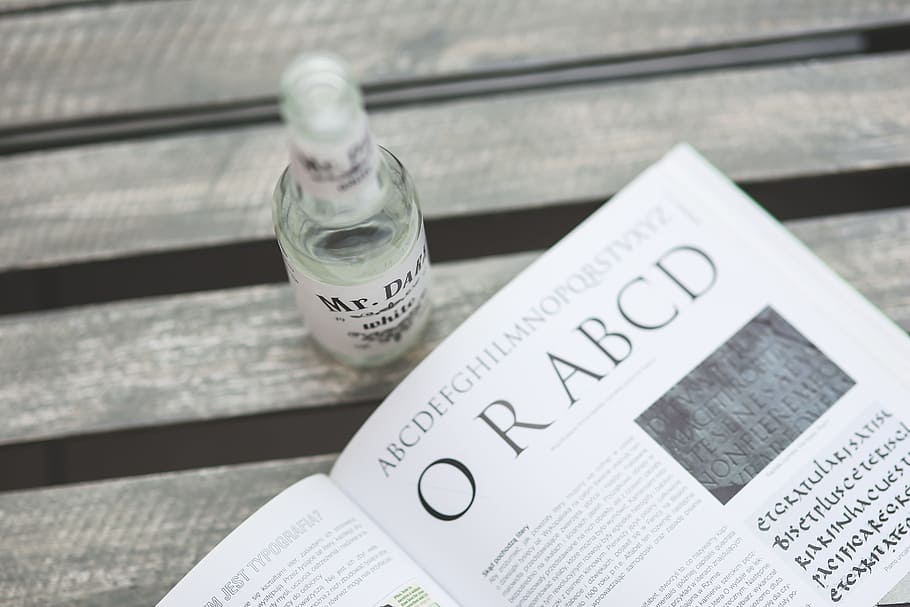 clear glass bottle, typo, typography, book, drink, drinking, paper