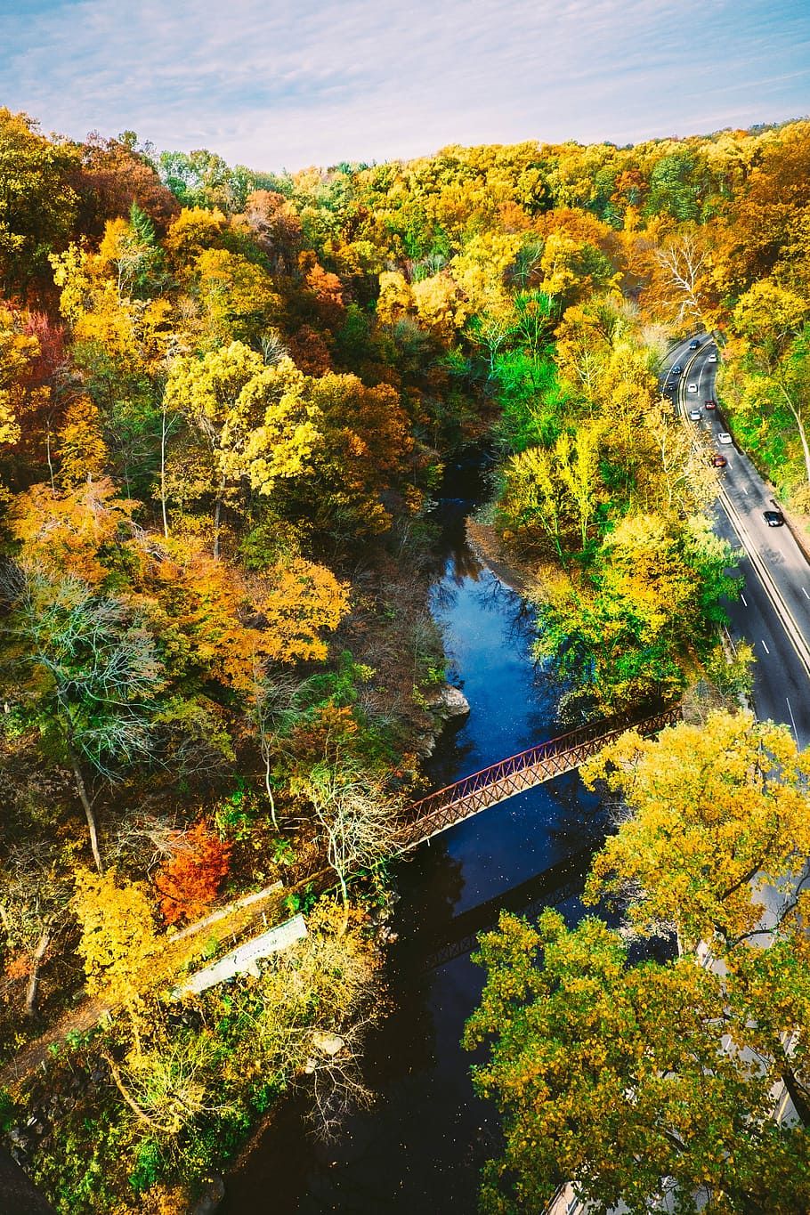 aerial photography of brown metal bridge surrounded with trees while cars on road, bird's-eye view of metal bridge HD wallpaper