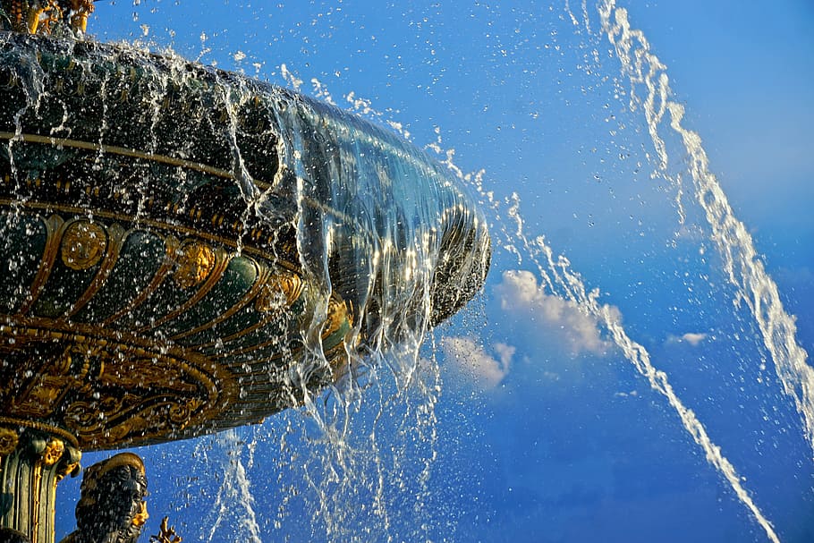 fountain, water, water feature, inject, drip, wet, blue, france HD wallpaper