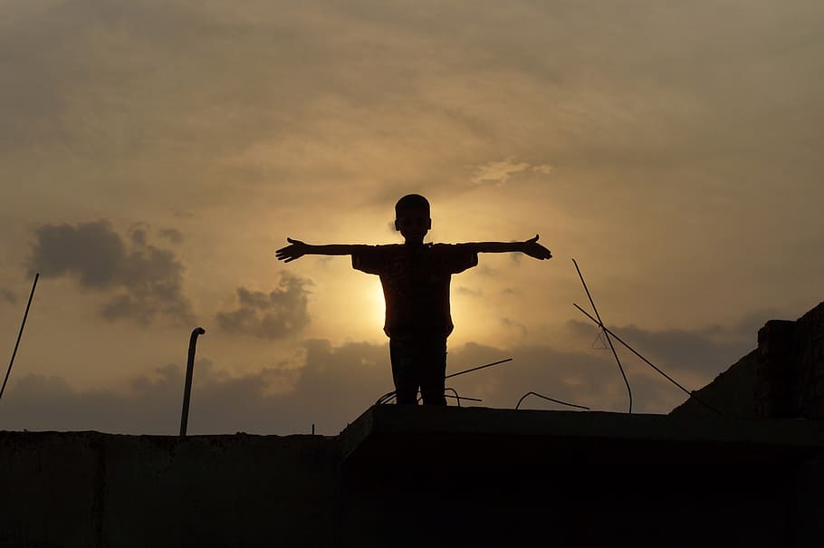 boy in black top photo during sunset, silhouette, sky, sunrise HD wallpaper