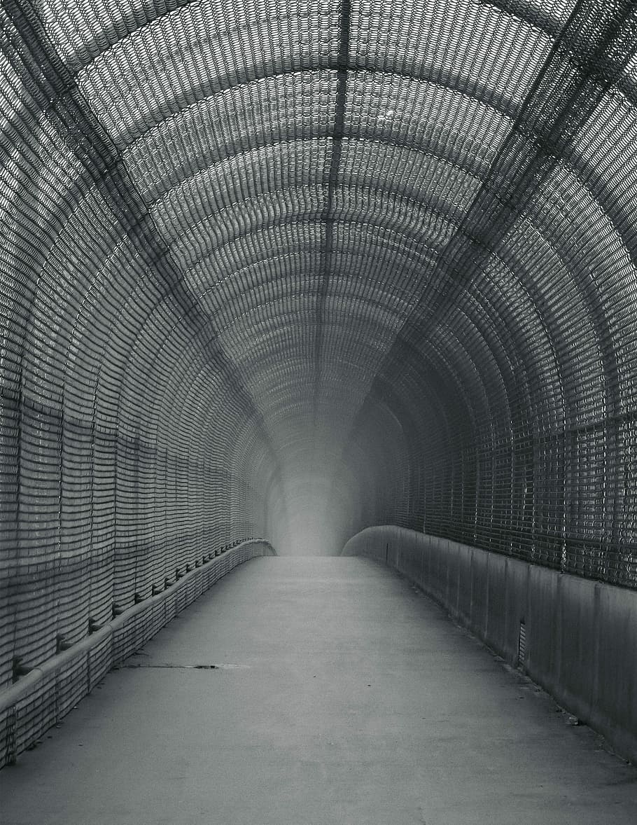 photograph of pathway, grayscale photograph of pathway between metal frames HD wallpaper