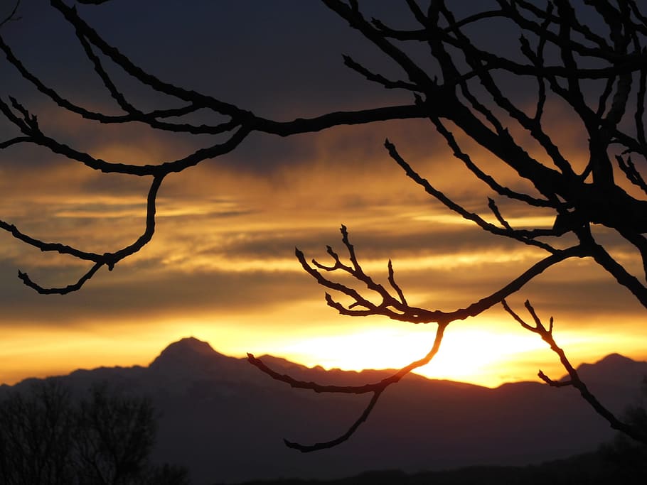 pyrénées, sunset, mountain, clouds, silhouette, sky, beauty in nature HD wallpaper