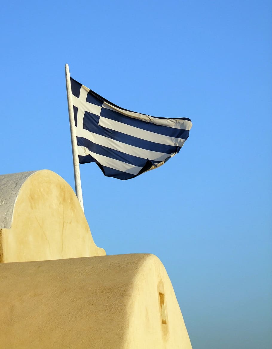 flag, blue, white, greece, flutter, blow, patriotism, sky, architecture HD wallpaper
