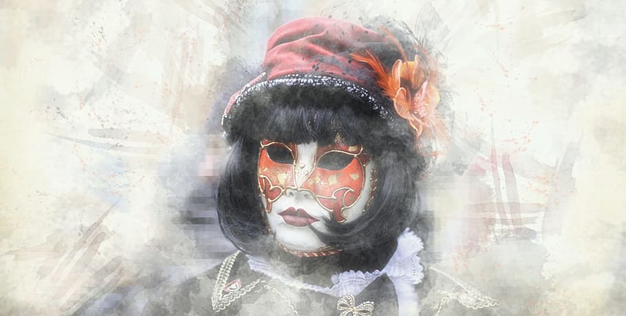 carnival, mask, abstract, orange, black, watercolor, background HD wallpaper