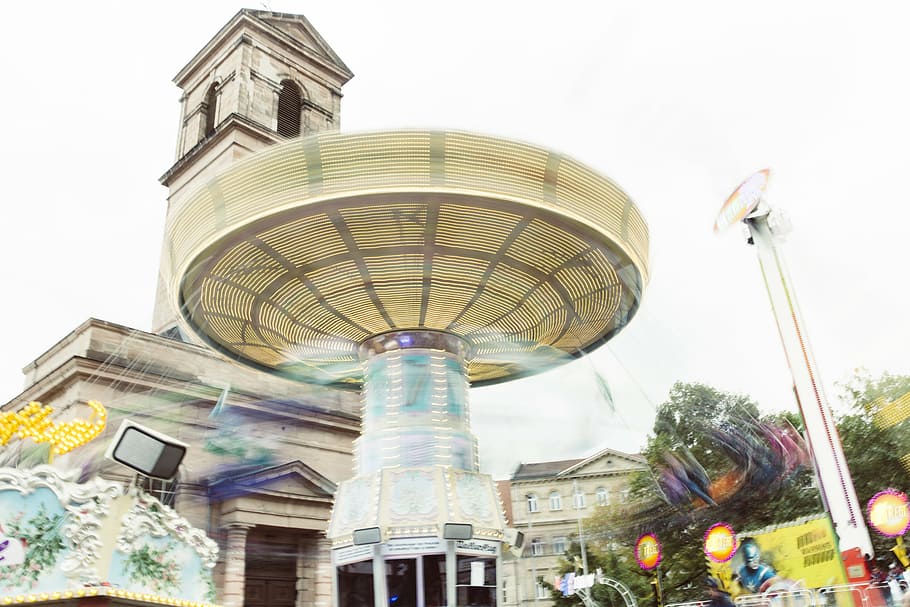 amusement park, building, carnival, carousel, carrousel, clear sky HD wallpaper