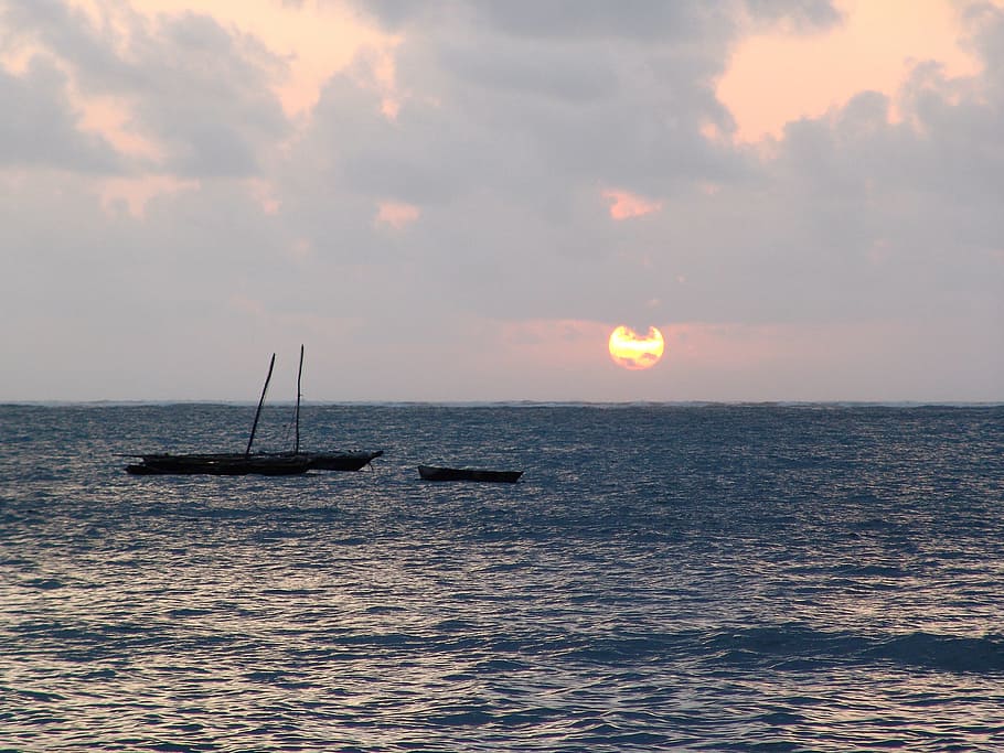 sunset, sea, afterglow, evening sky, abendstimmung, boot, water HD wallpaper