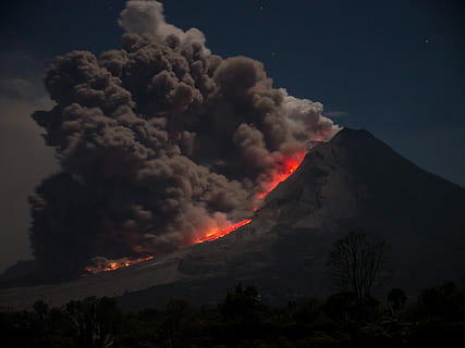 erupting volcano, volcano with lava explosion, eruption, indonesia HD wallpaper