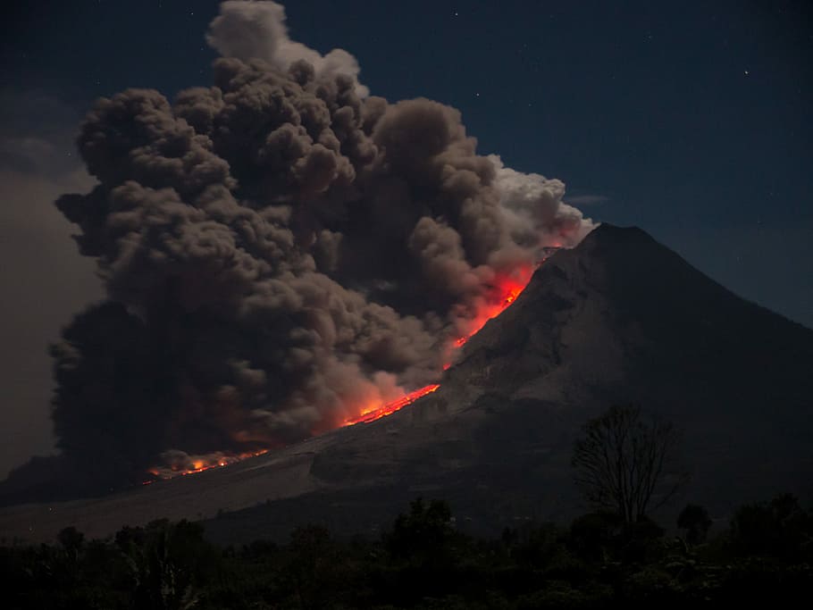 erupting volcano, volcano with lava explosion, eruption, indonesia HD wallpaper