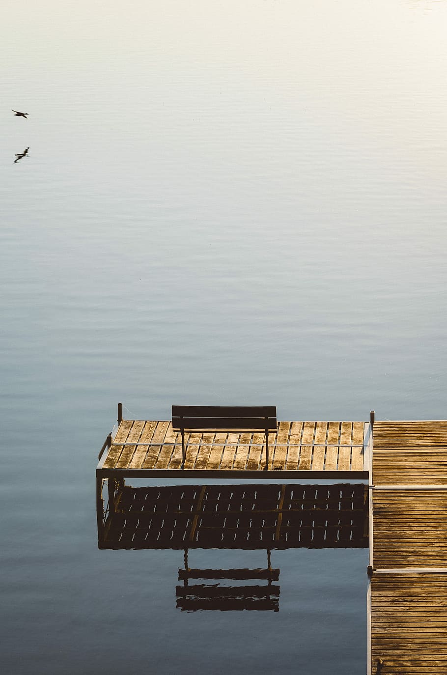 wooden bench on dock, brown dock on body of water, reflection HD wallpaper