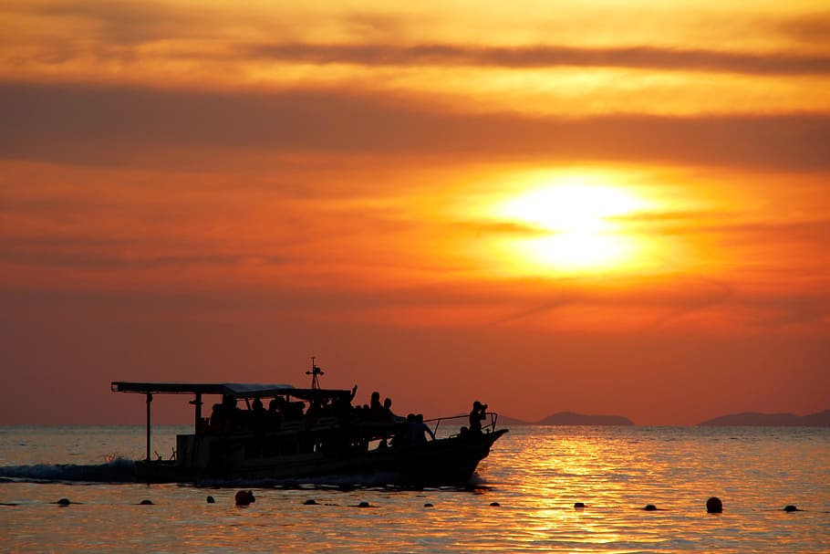 sunset, shadow, sea, ocean, thailand, boot, coast, summer, beach HD wallpaper