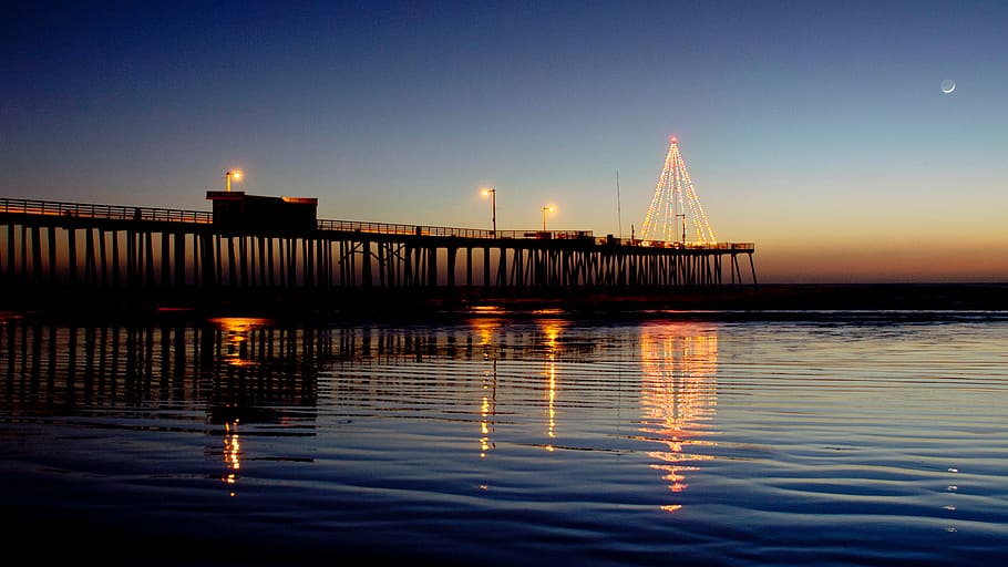 dock in ocean during golden hour, silhouette, photo, lights HD wallpaper