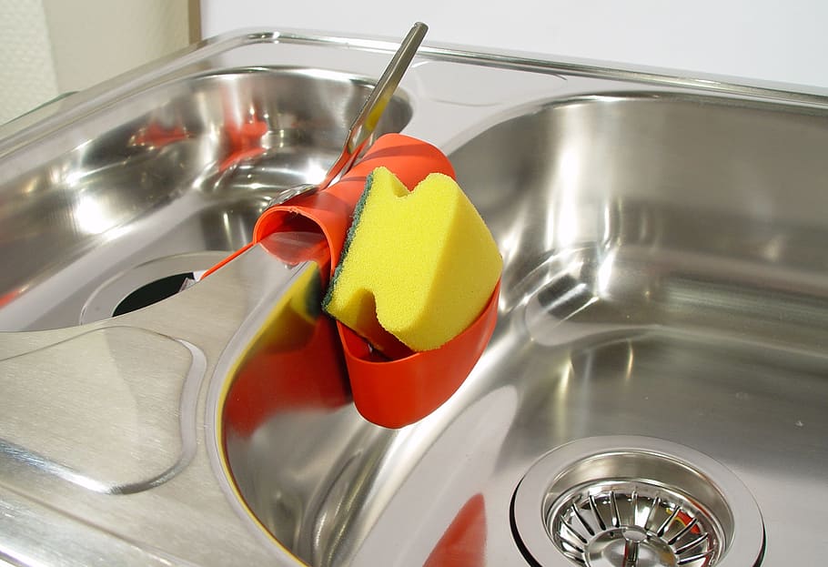 photo of yellow sponge on stainless steel twin sink, Kitchen