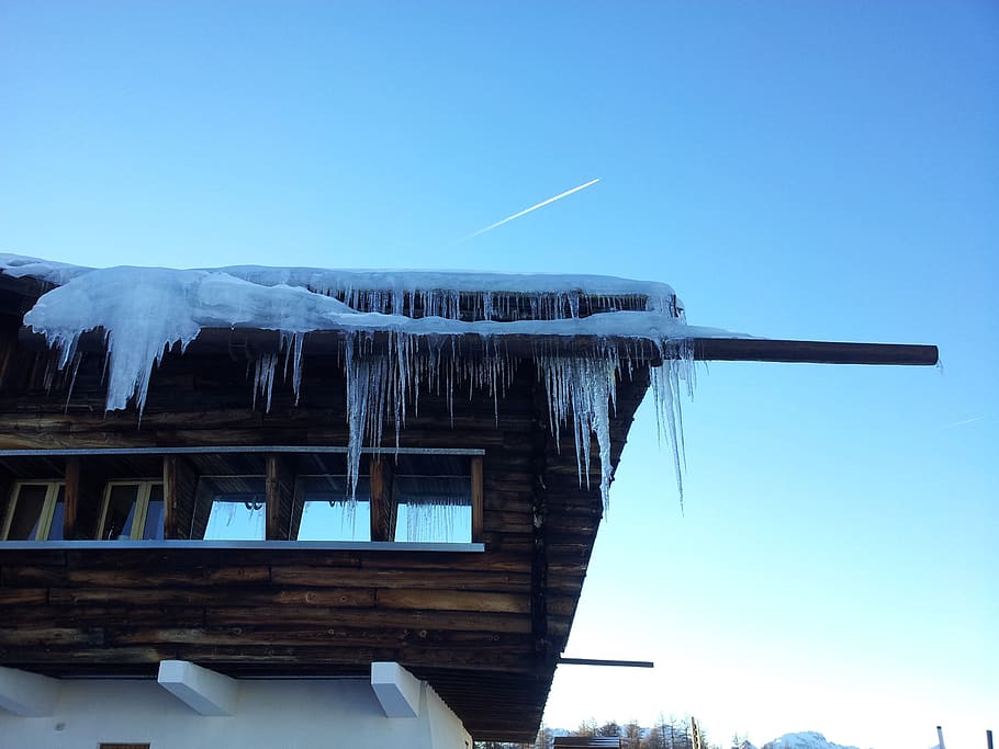mountain, winter, sky, hut, snow, architecture, clear sky, low angle view HD wallpaper