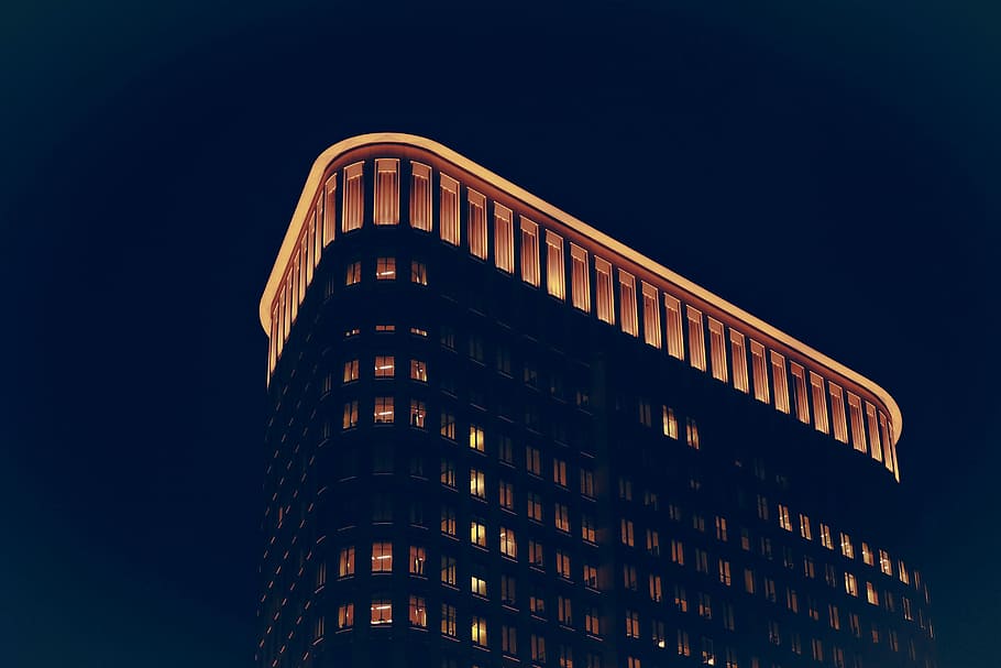 low angle photo of building at nighttime, low angel photography of lighted building at night HD wallpaper