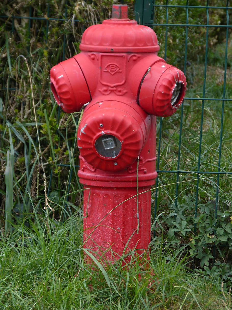 fire, hydrant, water intake, red, fire hydrant, grass, security HD wallpaper