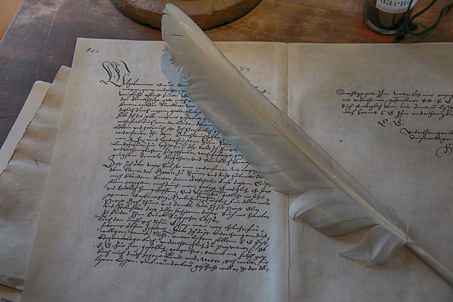 white feather on white paper, desk, old, pen, old script, written