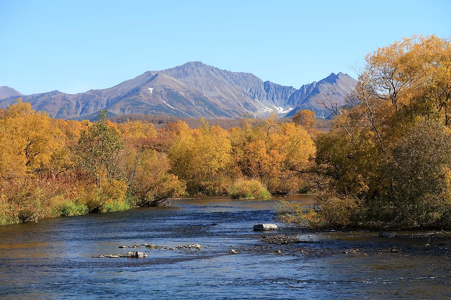 autumn, river, mountains, forest, an ancient volcano, fall colors HD wallpaper