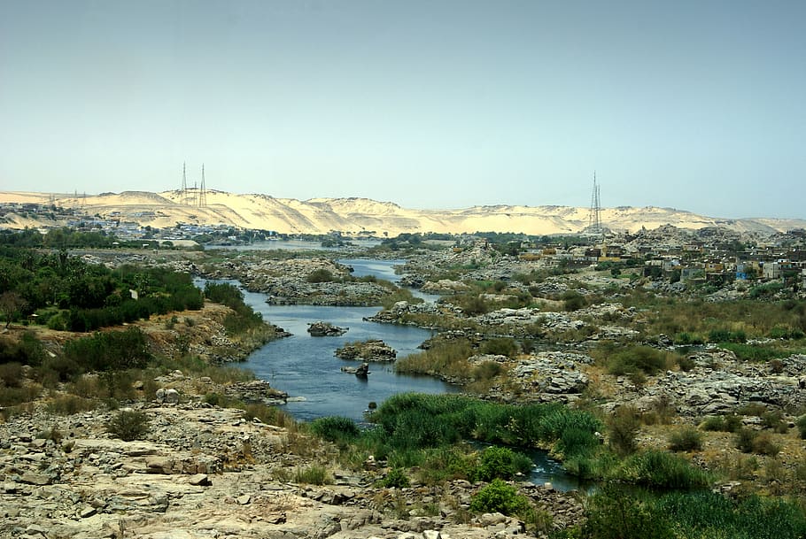 nile, river, egypt, rapids, aswan, water, nature, plant, sky HD wallpaper