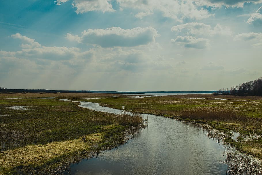 river, fields, countryside, nature, water, landscape, rural HD wallpaper