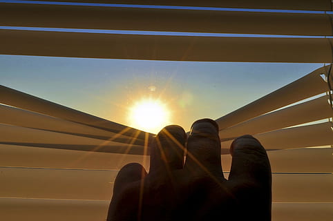 person looking on the sun through window blinds, roller shutter HD wallpaper