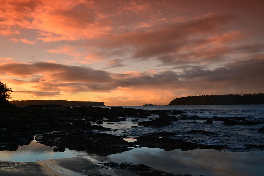 body of water at sunset, sunrise, sydney, australia, clouds, orange, HD wallpaper