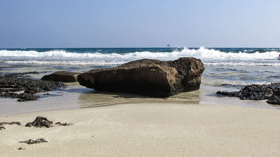Rock, Coast, Beach, Waves, Sea, landscape, nature, horizon HD wallpaper