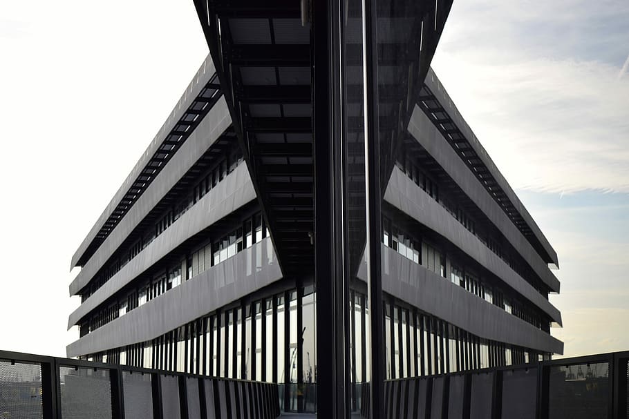 Mirroring, Architecture, Building, facade, modern, glass, hamburg HD wallpaper