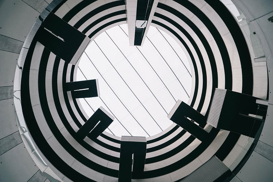 white and black textile, bottom, view, building, inside, architecture HD wallpaper