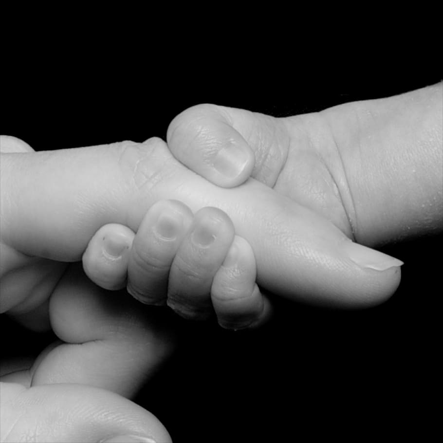 grayscale photo of baby holding woman's finger, newborn, hands, HD wallpaper