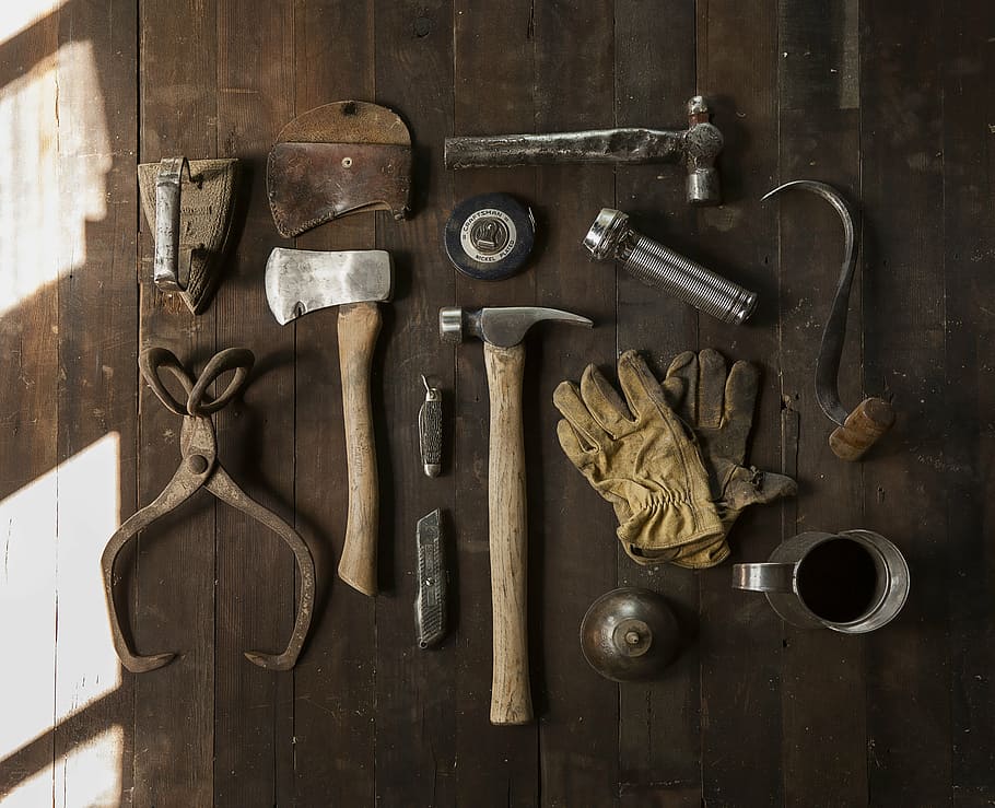 flat lay photography of hand tools on brown wood, assorted, wooden, HD wallpaper