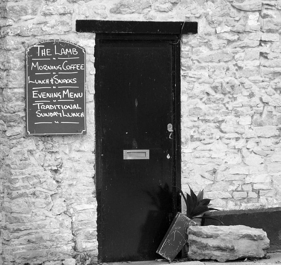 black, white, door, pub, lamb, black and white, lunch, the lamb HD wallpaper
