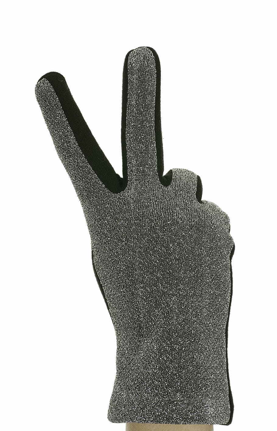 glove, two fingers, peace sign, sign manual, closeup, white background