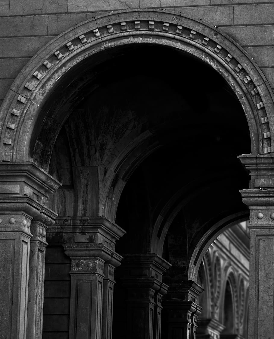 Entrance, grey arch building architectural photography, brick HD wallpaper