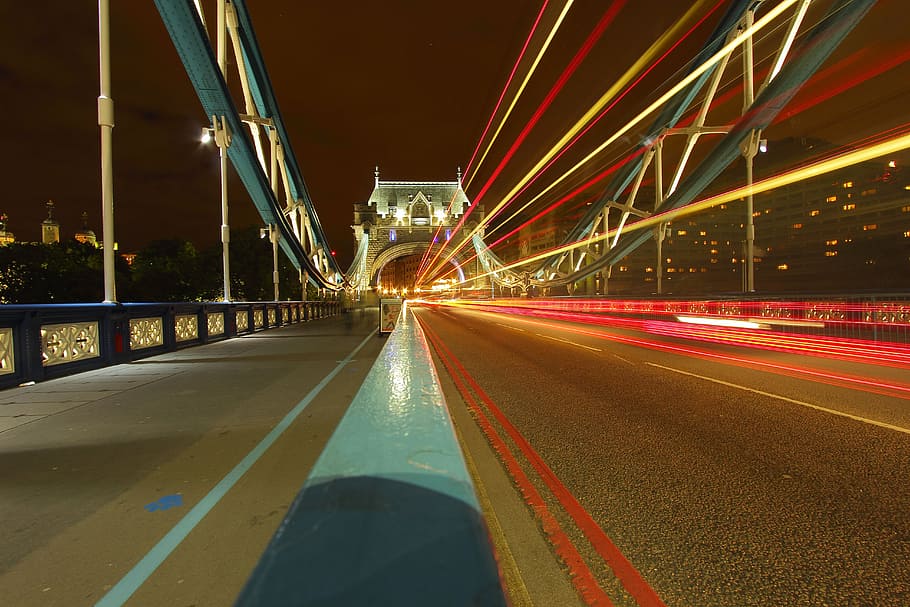 tower bridge, londyn, path, light, the movement of the, night HD wallpaper