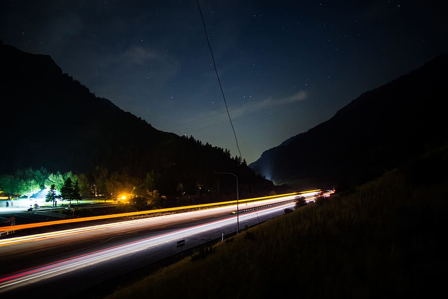 dark, night, road, path, way, trees, plants, mountain, lights HD wallpaper