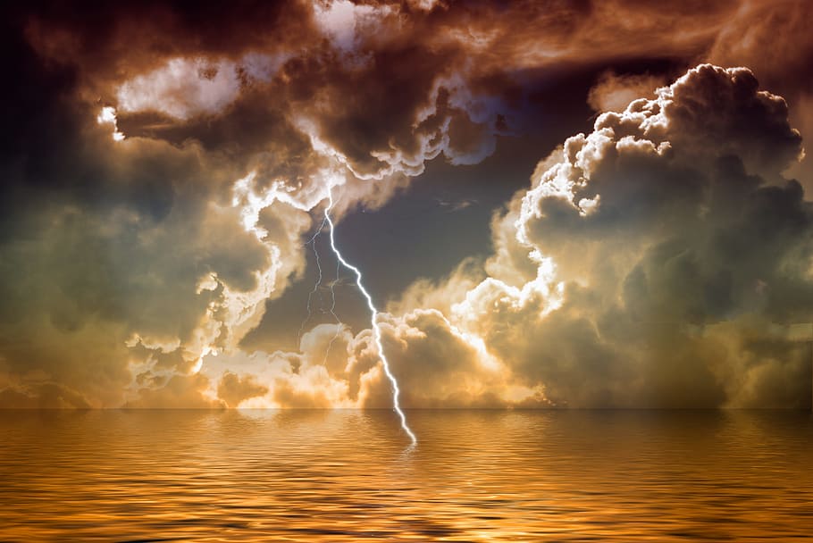 photo of lightning hitting body of water, flash, thunderstorm
