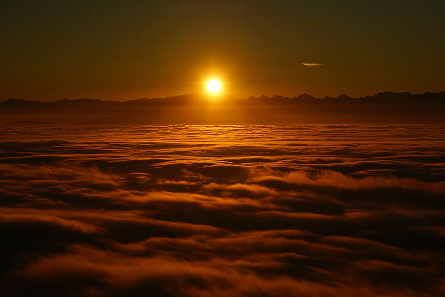 yellow sun on sea of clouds, sunrise, selva marine, sea of fog, HD wallpaper