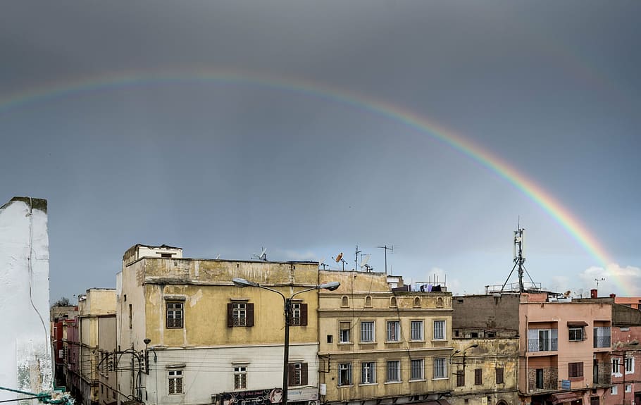 brown concrete buildings, rainbow, good looking, nature, building exterior HD wallpaper