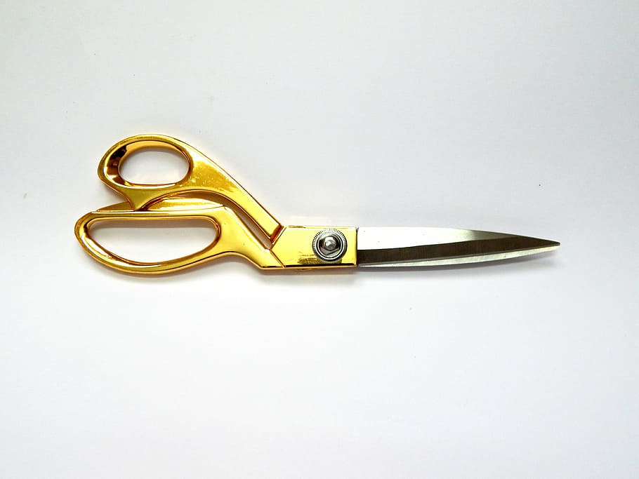 gold and silver shears on white surface, Scissors, Tailor, Cut HD wallpaper